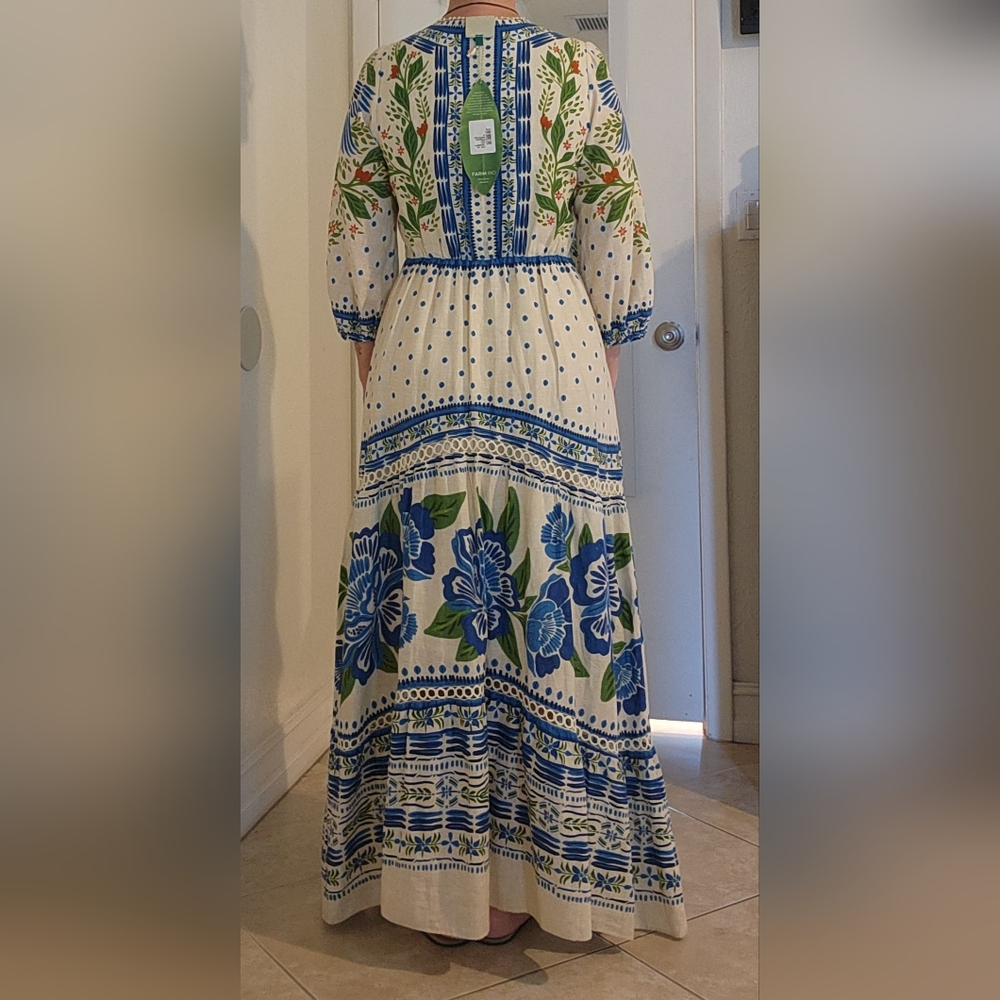 FARM Rio Blue and White Resort Maxi Dress with V-neck Bishop Sleeves - Picture 14 of 16